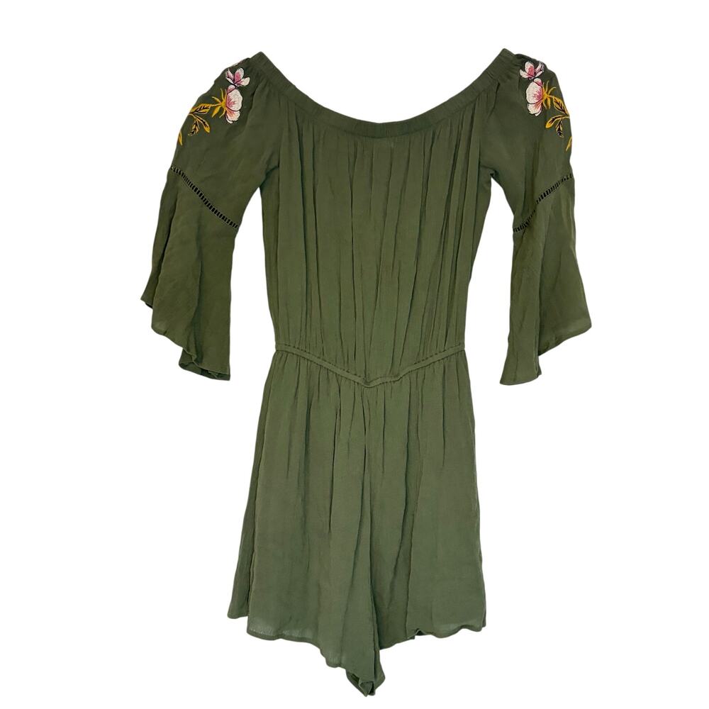 love, fire womens olive romper embroidered floral flare sleeve. Size S. boho